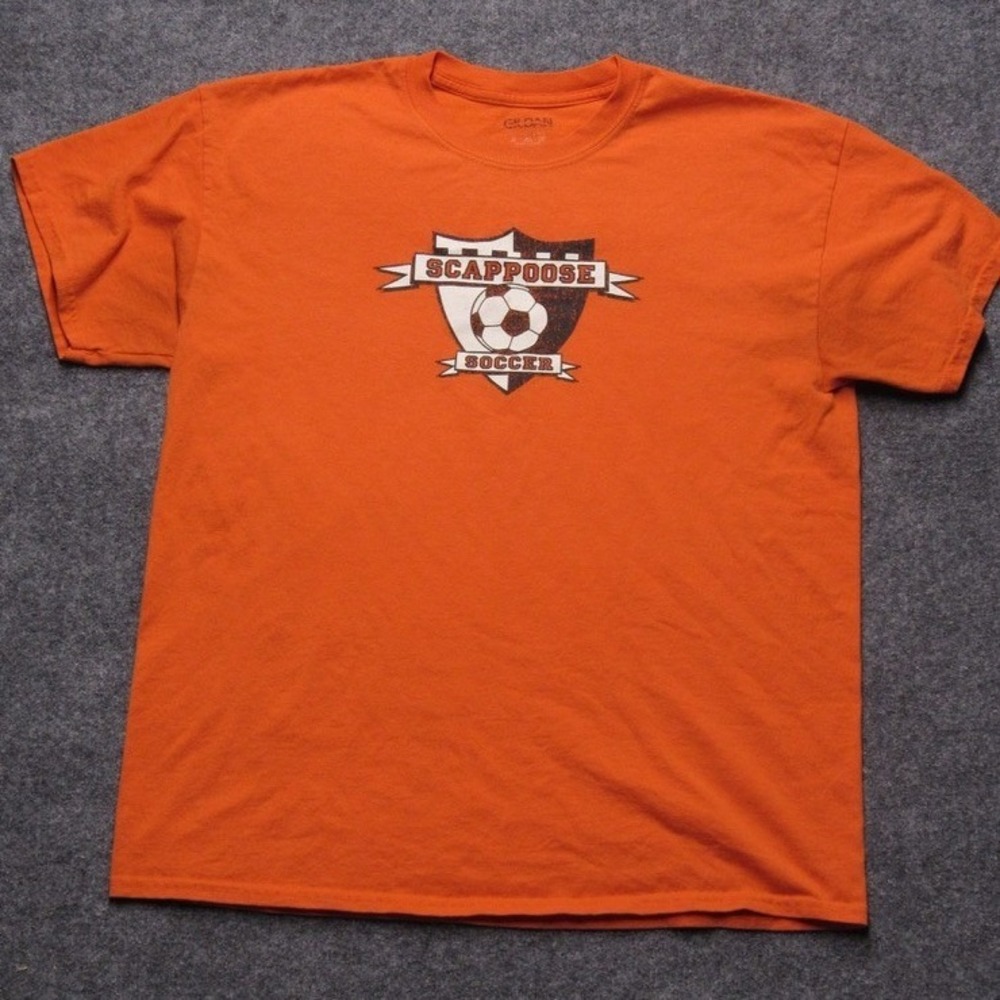Gildan Mens Orange Scappoose Soccer Graphic T-Shirt Short Sleeve Size L